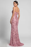 Sparkly Pink Mermaid Spaghetti Straps Sequins Evening Dress with Lace Up Back