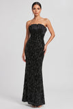 Black Mermaid Pleated Sequins Satin Strapless Evening Dress