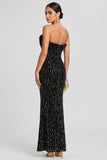 Black Mermaid Pleated Sequins Satin Strapless Evening Dress