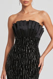 Black Mermaid Pleated Sequins Satin Strapless Evening Dress