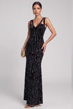 Black Mermaid Cut Out Velvet V-Neck Sequins Long Evening Dress