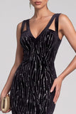 Black Mermaid Cut Out Velvet V-Neck Sequins Long Evening Dress