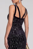 Black Mermaid Cut Out Velvet V-Neck Sequins Long Evening Dress