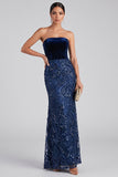 Navy Mermaid Velvet Sequins Strapless Long Evening Dress