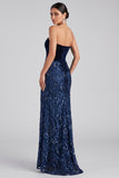 Navy Mermaid Velvet Sequins Strapless Long Evening Dress