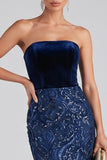 Navy Mermaid Velvet Sequins Strapless Long Evening Dress