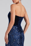 Navy Mermaid Velvet Sequins Strapless Long Evening Dress