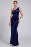 Glitter Navy One Shoulder Velvet Ruched Evening Dress