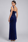 Glitter Navy One Shoulder Velvet Ruched Evening Dress
