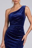 Glitter Navy One Shoulder Velvet Ruched Evening Dress