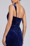 Glitter Navy One Shoulder Velvet Ruched Evening Dress