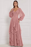Espresso A-Line V-Neck Puff Sleeves Ruffled Maxi Bridesmaid Dress