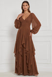 Espresso A-Line V-Neck Puff Sleeves Ruffled Maxi Bridesmaid Dress