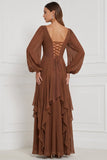 Espresso A-Line V-Neck Puff Sleeves Ruffled Maxi Bridesmaid Dress