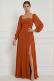 Espresso A-Line Square Neck Puff Sleeves Maxi Bridesmaid Dress with Side Slit