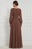 Espresso A-Line Square Neck Puff Sleeves Maxi Bridesmaid Dress with Side Slit
