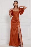 Espresso Sheath Square Neck Ruched Flare Sleeves Maxi Bridesmaid Dress with Slit