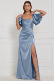 Espresso Sheath Square Neck Ruched Flare Sleeves Maxi Bridesmaid Dress with Slit