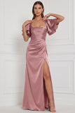 Espresso Sheath Square Neck Ruched Flare Sleeves Maxi Bridesmaid Dress with Slit