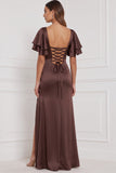 Espresso Sheath Square Neck Ruched Flare Sleeves Maxi Bridesmaid Dress with Slit