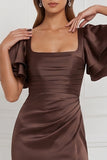 Espresso Sheath Square Neck Ruched Flare Sleeves Maxi Bridesmaid Dress with Slit