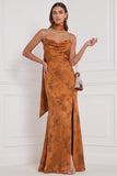 Burnt Orange Sheath Cowl Satin Printed Maxi Bridesmaid Dress with Side Slit
