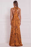 Burnt Orange Sheath Cowl Satin Printed Maxi Bridesmaid Dress with Side Slit
