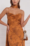 Burnt Orange Sheath Cowl Satin Printed Maxi Bridesmaid Dress with Side Slit