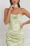 Mint Green Sheath Cowl Ruched Printed Maxi Bridesmaid Dress