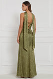 Olive Printed Sheath Strapless Ruched Maxi Bridesmaid Dress with Side Slit