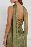 Olive Printed Sheath Strapless Ruched Maxi Bridesmaid Dress with Side Slit