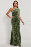 Blue Sheath Velvet One Shoulder Ruched Long Bridesmaid Dress