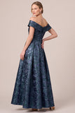 Navy Asymmetrical Off the Shoulder A-Line Ruffled Jacquard Mother of the Bride Dress