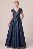 Navy V-Neck Jacquard A-Line Cap Sleeves Long Mother of the Bride Dress with Bow Sash