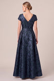 Navy V-Neck Jacquard A-Line Cap Sleeves Long Mother of the Bride Dress with Bow Sash