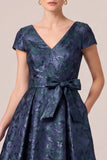 Navy V-Neck Jacquard A-Line Cap Sleeves Long Mother of the Bride Dress with Bow Sash