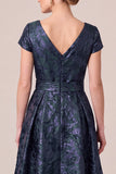 Navy V-Neck Jacquard A-Line Cap Sleeves Long Mother of the Bride Dress with Bow Sash