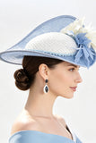 Blue White Solid Sinamay Brim 3D Fabric Flowers Fascinator Hat with Feathers
