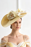 Yellow Woven Straw Netting Fascinator Hat with Fabric Flower Butterflies & Feathers