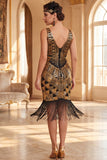 Dark Green V-Neck Sheath Sequins Tulle Beaded Midi 1920s Dress with Fringes