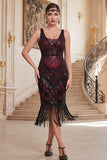 Dark Green V-Neck Sheath Sequins Tulle Beaded Midi 1920s Dress with Fringes