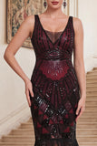 Dark Green V-Neck Sheath Sequins Tulle Beaded Midi 1920s Dress with Fringes