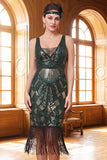 Dark Green V-Neck Sheath Sequins Tulle Beaded Midi 1920s Dress with Fringes