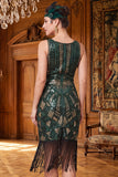 Dark Green V-Neck Sheath Sequins Tulle Beaded Midi 1920s Dress with Fringes