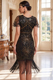 Dark Green Round Neck Sequins  Beaded Sheer Flutter Sleeves 1920s Dress with Fringes