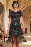 Dark Green Round Neck Sequins  Beaded Sheer Flutter Sleeves 1920s Dress with Fringes