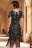 Dark Green Round Neck Sequins  Beaded Sheer Flutter Sleeves 1920s Dress with Fringes
