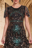 Dark Green Round Neck Sequins  Beaded Sheer Flutter Sleeves 1920s Dress with Fringes