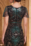 Dark Green Round Neck Sequins  Beaded Sheer Flutter Sleeves 1920s Dress with Fringes