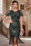 Dark Green Round Neck Sequins  Beaded Sheer Flutter Sleeves 1920s Dress with Fringes